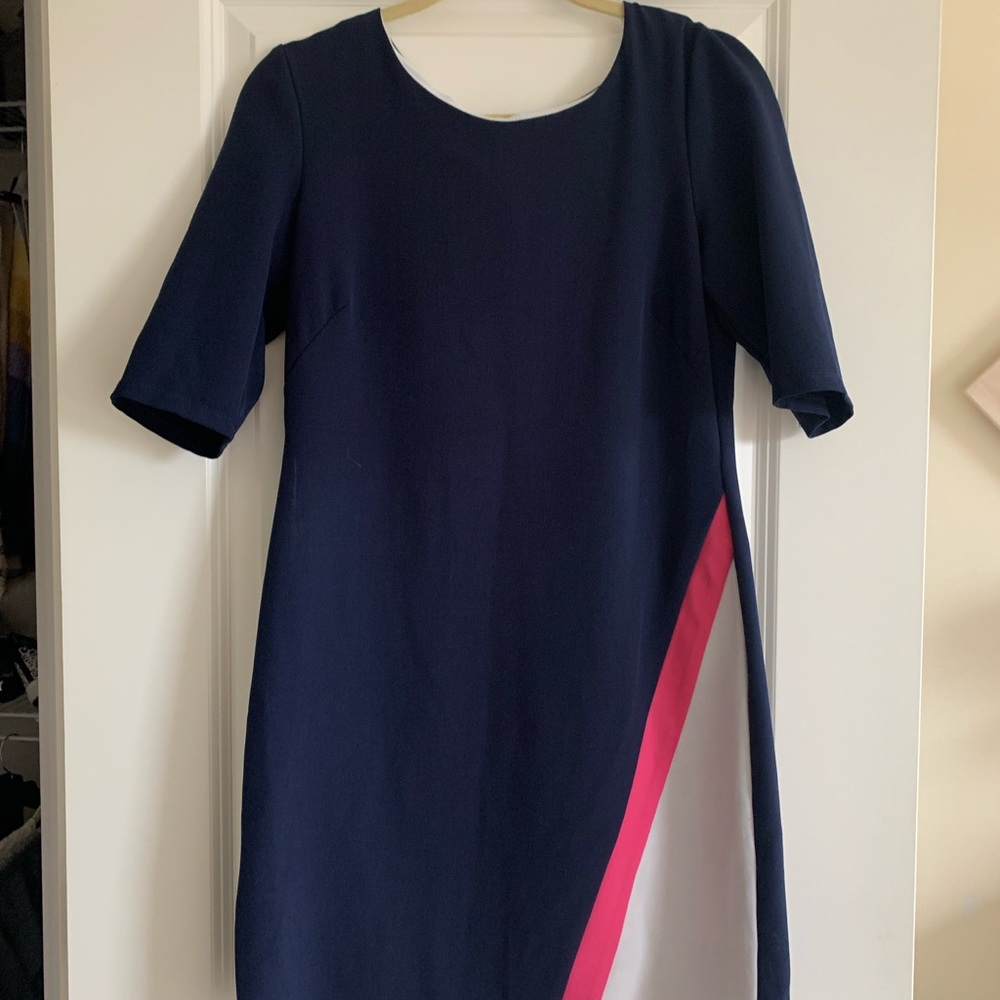 Quarter sleeve navy dress with pop of color